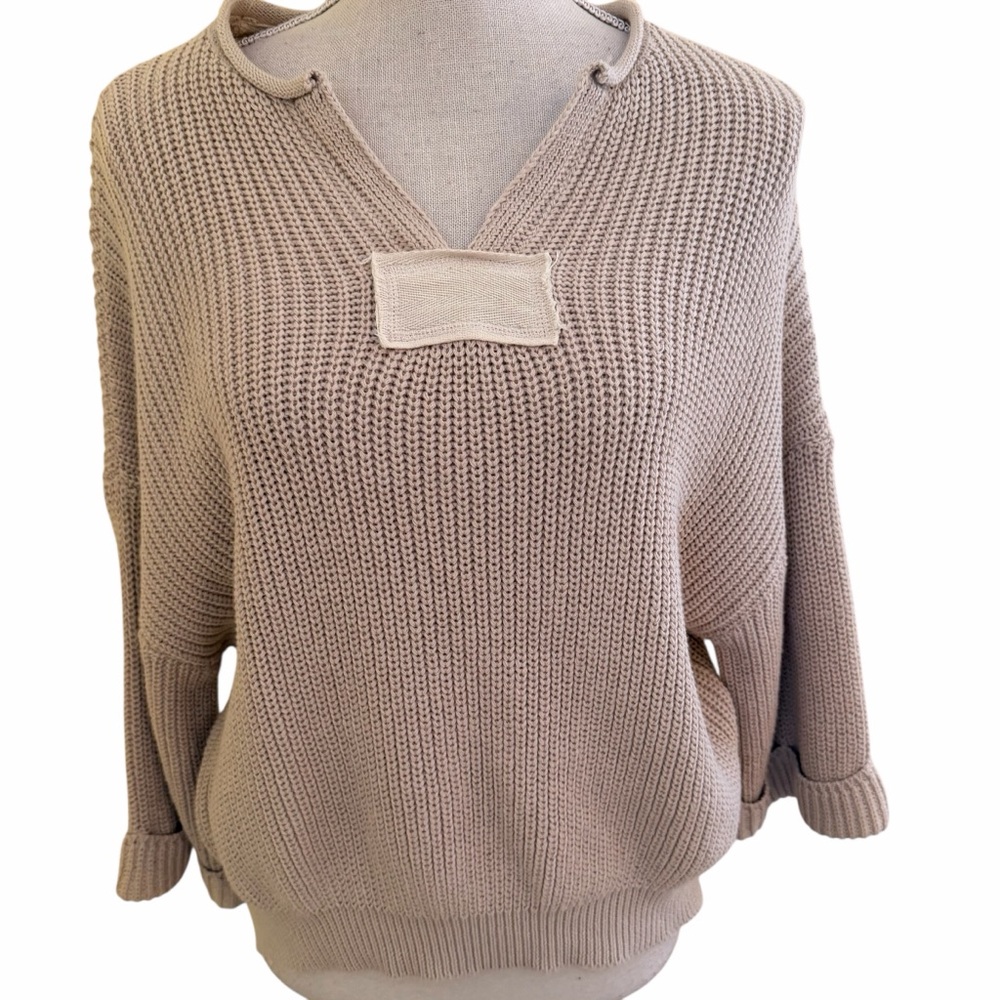 She + Sky Tan Open Knit Dolman Sleeve V-Neck Very Mindful Sweater S